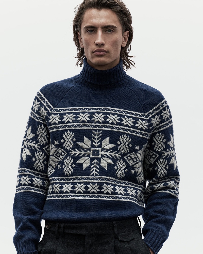 In front and center, James Turlington dons Brunello Cucinelli's Nordic jacquard sweater.