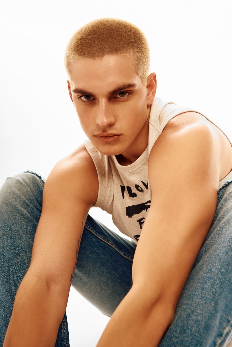 Cameron Porras Mens Folio 003 Cameron Porras wears a Diesel tank with Nudie jeans.