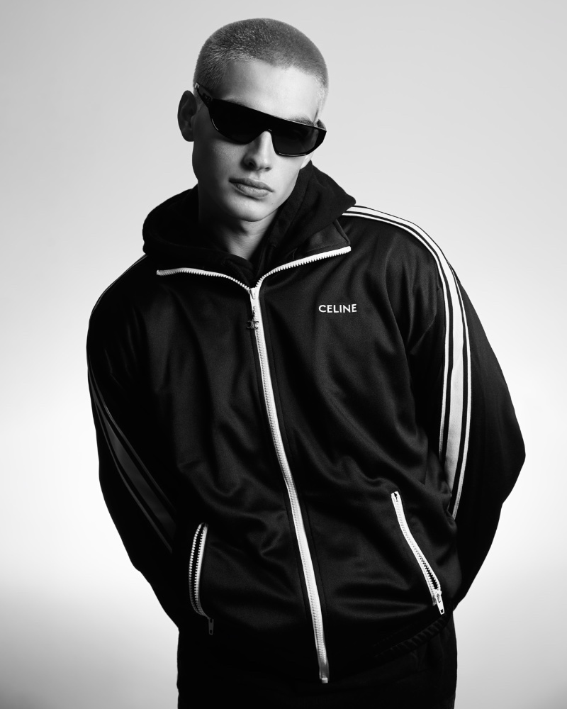 Cameron Porras Mens Folio 013 Cameron Porras plays it cool in a Celine track jacket and sunglasses.