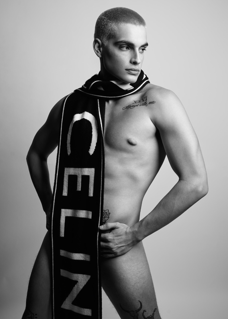 Cameron Porras Mens Folio 016 Cameron Porras goes naked with an oversized Celine scarf.