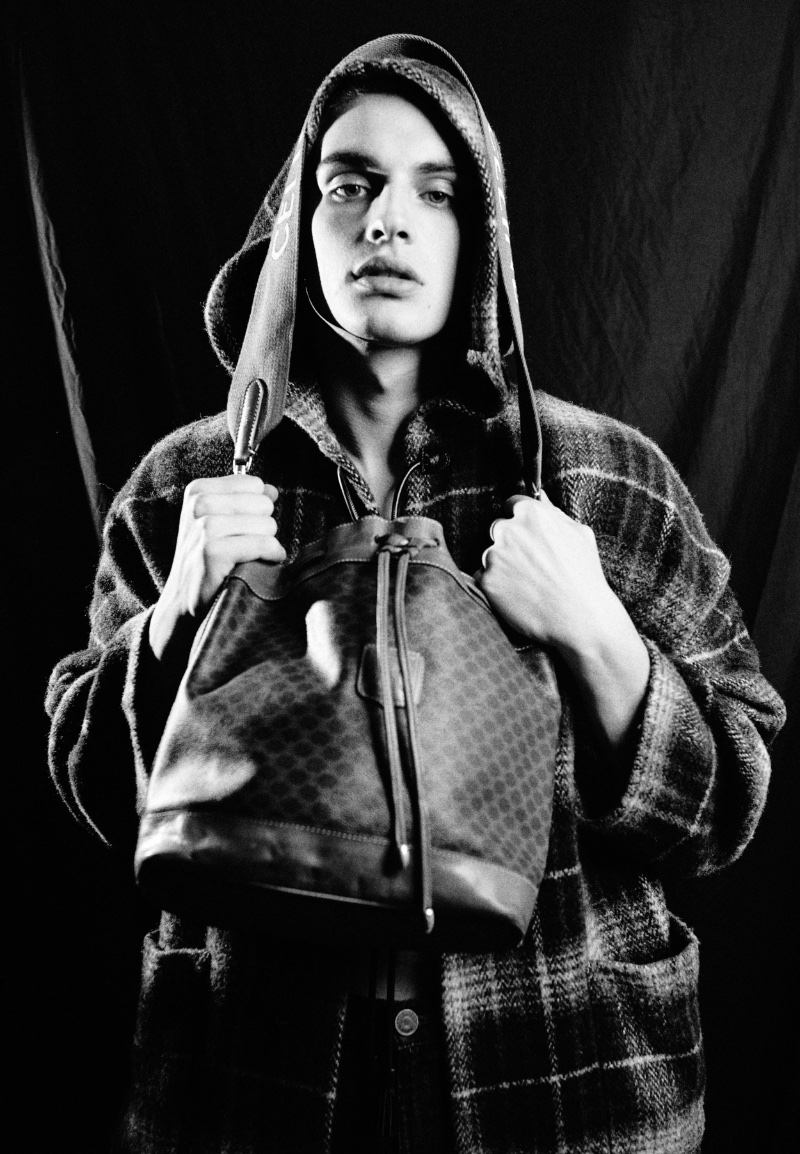 Cameron Porras Mens Folio 022 Wearing Celine, Cameron Porras appears in a black-and-white image.