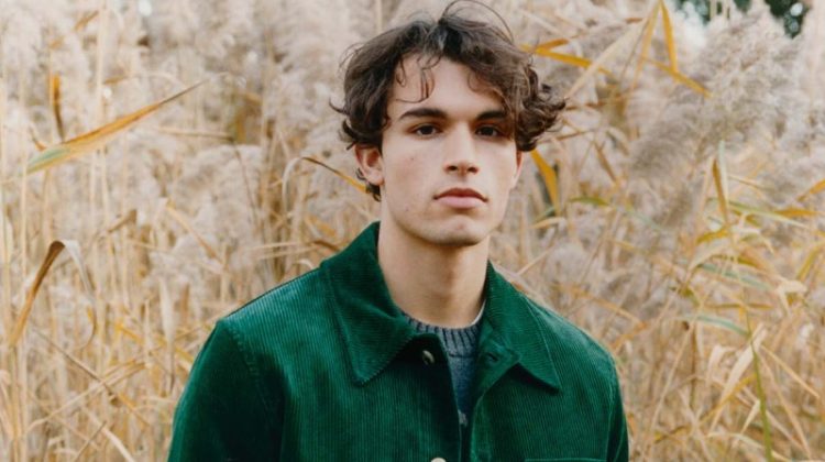 Balthazar Dib wears a corduroy work jacket with matching balloon pants in pine green.