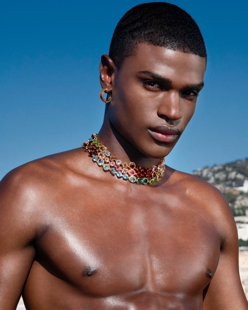 Rafael Mayers dons a colorful selection of jewelry for Dolce & Gabbana's latest accessories campaign.
