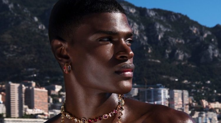 Wearing a Dolce & Gabbana necklace and earrings, Rafael Myers stars in the fashion house's fine jewelry campaign.