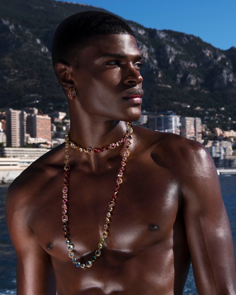 Wearing a Dolce & Gabbana necklace and earrings, Rafael Mayers stars in the fashion house's fine jewelry campaign.