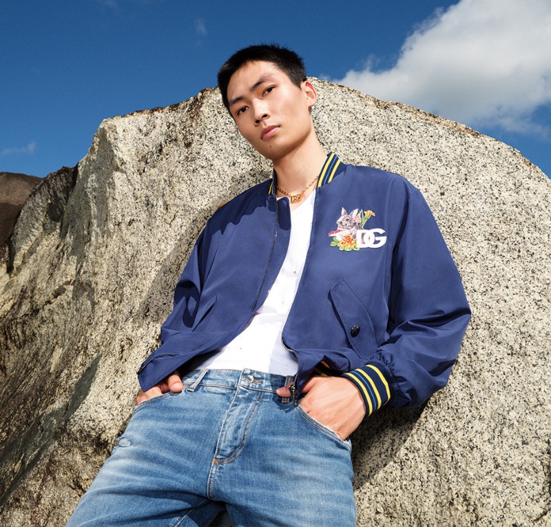 Model Yan Jun sports a rabbit-print nylon jacket from the Dolce & Gabbana Lunar New Year collection. 