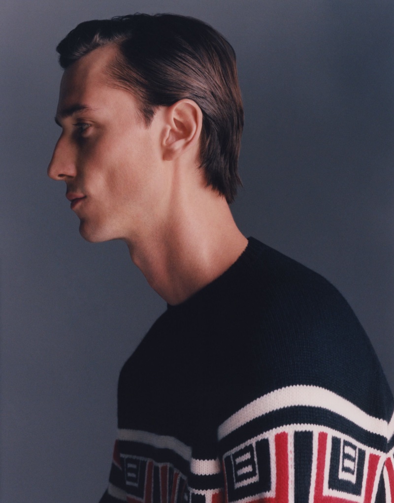 Harvey James models a knit sweater from Dunhill's Archive Deco capsule collection. » Dunhill Revisits Luxe Heritage with Archive Deco Capsule Harvey James models a knit sweater from Dunhill's Archive Deco capsule collection.