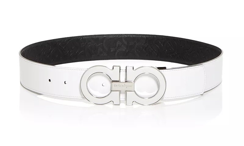 Make a splash with statement white accessories like Ferragamo's Double Gancini buckle belt. 