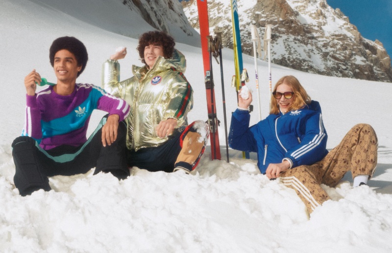 Throwing snowballs, Alexis Tiem, Paul-Emile Paillier, and Valentyn Boyko front the Gucci Après-ski campaign.