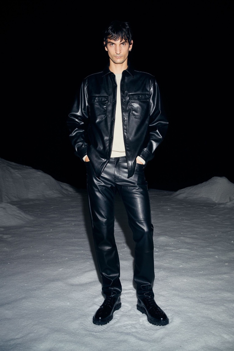 Opting for a leather alternative this season, Luca Lemaire wears a coated overshirt and slim-fit pants. » Party Time! Explore H&M's Newest Men's Looks Opting for a leather alternative this season, Luca Lemaire wears a coated overshirt and slim-fit pants.