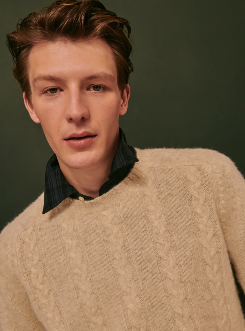 Model Finnlay Davis dons a cable-knit sweater with a button-down shirt. » J.Crew Makes a Statement with a Fresh Twist on the Traditional Tuxedo Model Finnlay Davis dons a cable-knit sweater with a button-down shirt.