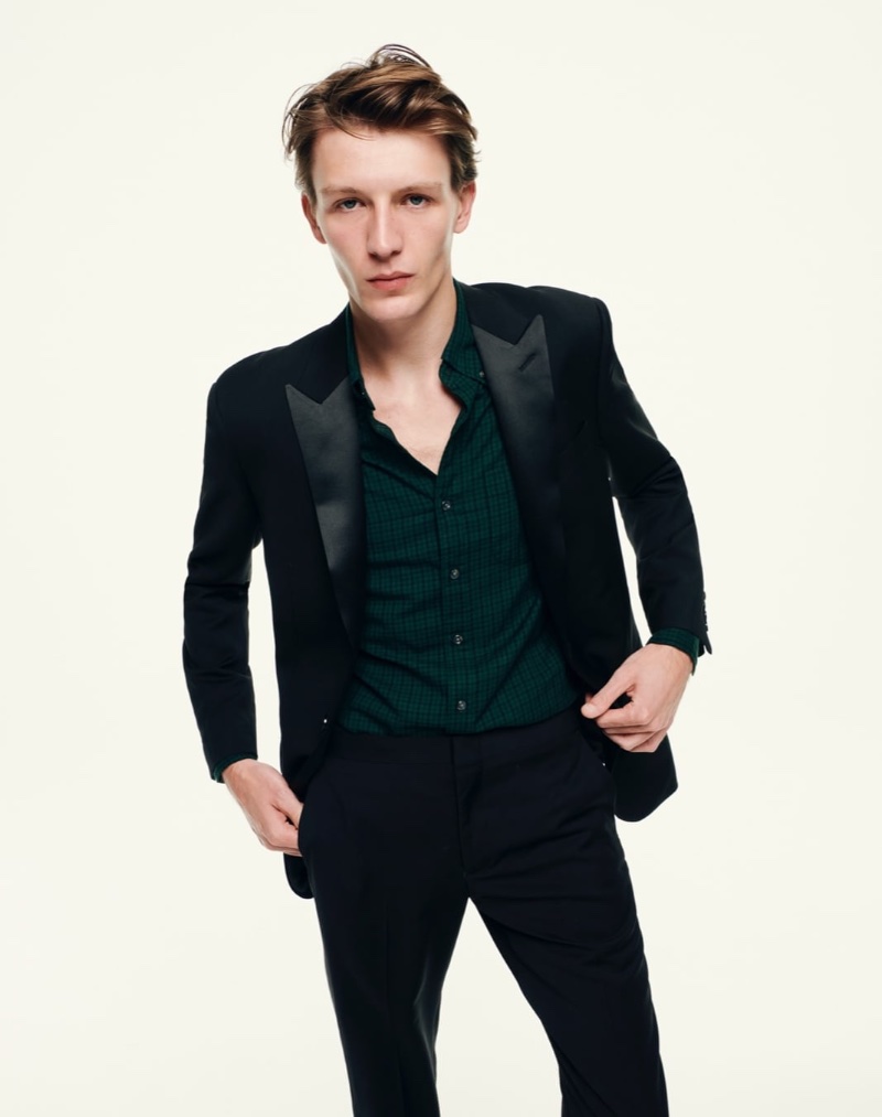 Offering a festive take on formal dress, Finnlay Davis sports a tuxedo with a green check shirt. » J.Crew Makes a Statement with a Fresh Twist on the Traditional Tuxedo Offering a festive take on formal dress, Finnlay Davis sports a tuxedo with a green check shirt.