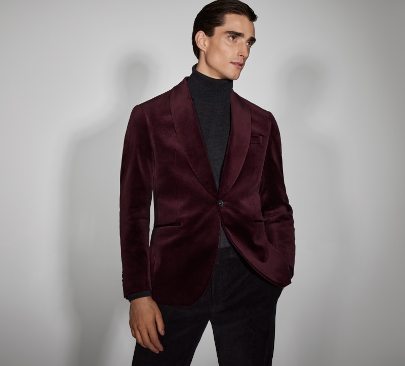 Turn a dashing page with a velvet dinner jacket and grey turtleneck.