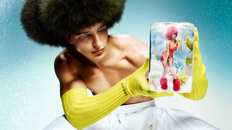 Sacha Bilal takes hold of a frozen version of Kenza Safsaf for Jean Paul Gaultier's holiday 2022 fragrance campaign.