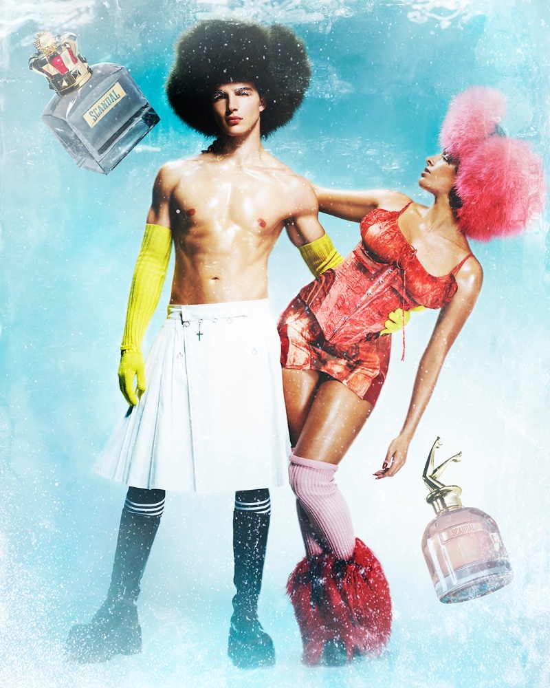 Models Sacha Bilal and Kenza Safsaf share the spotlight for Jean Paul Gaultier's holiday 2022 fragrance advert.