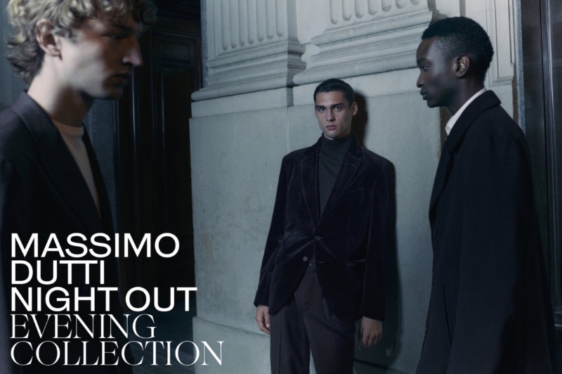 Massimo Dutti unveils its new men's evening collection modeled by Jaume Marti, Ludwig Wilsdorff, and Oliver Kumbi. 
