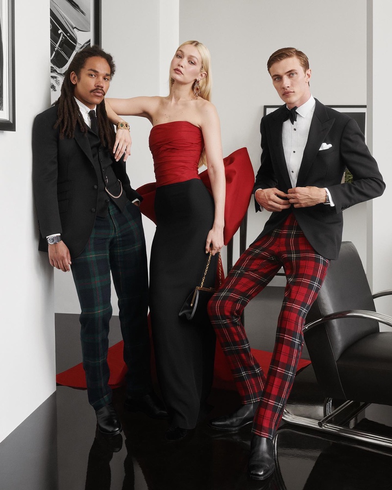 Luka Sabbat, Gigi Hadid, and Lucky Blue Smith reunite for the Ralph's Club holiday 2022 campaign. 