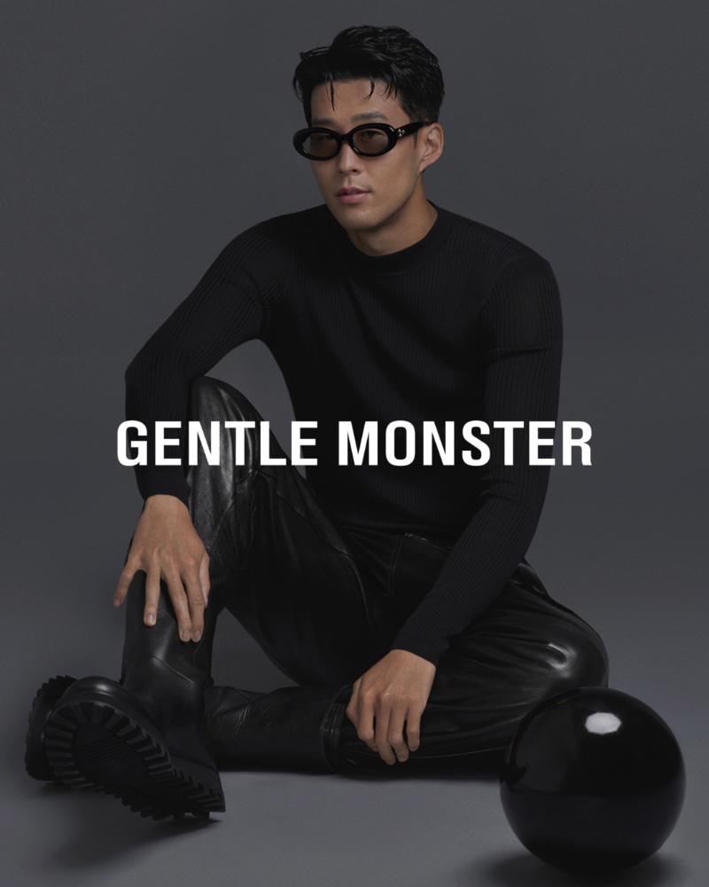 Pictured in leather pants, Son Heung Min wears Gentle Monster's Eve 01 sunglasses from its new BOLD collection.
