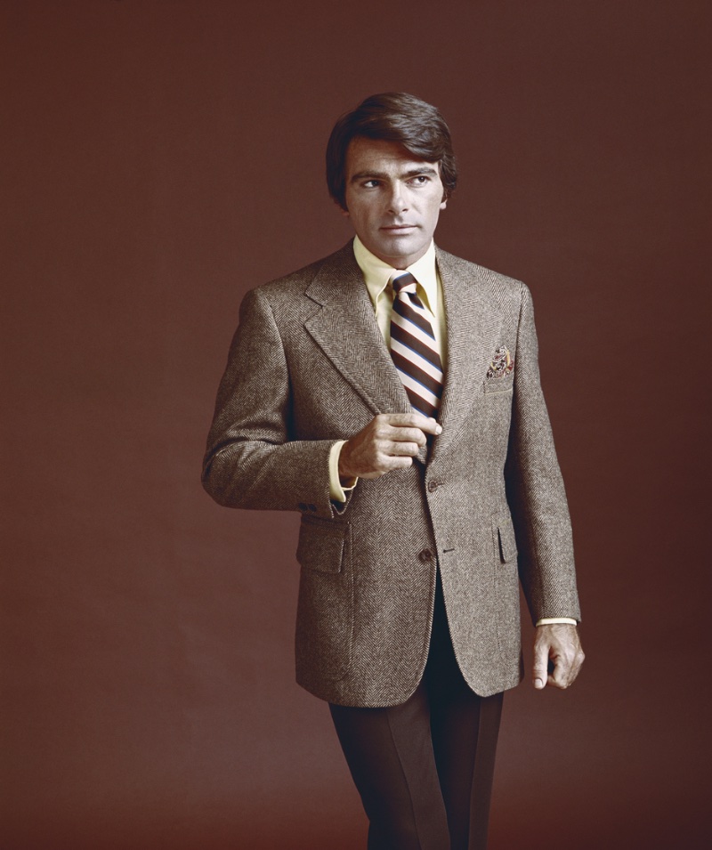 man 1970s brown suit tailoring striped tie