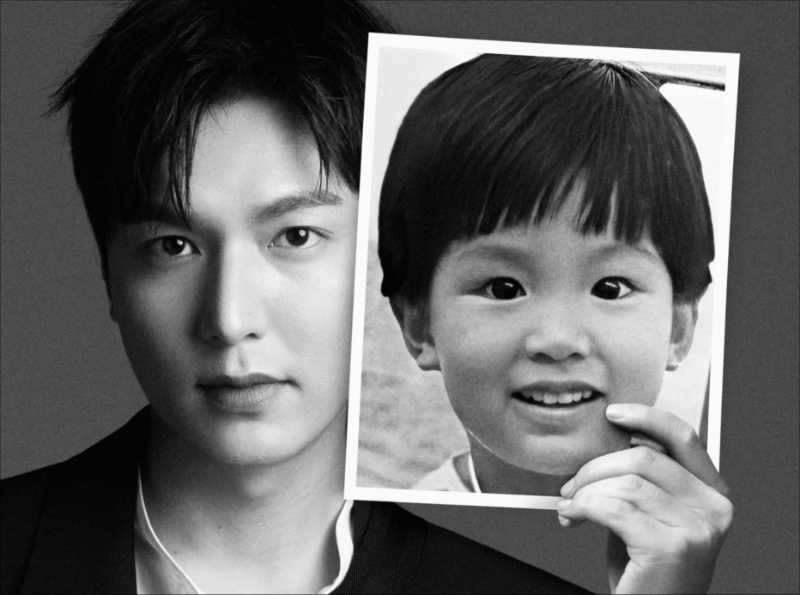 Actor Lee Min-ho is pictured with a photo from his childhood for BOSS' spring 2023 campaign. 