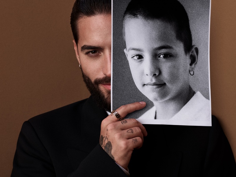 Maluma shares the frame with a picture of himself as a child for BOSS' spring 2023 campaign. 