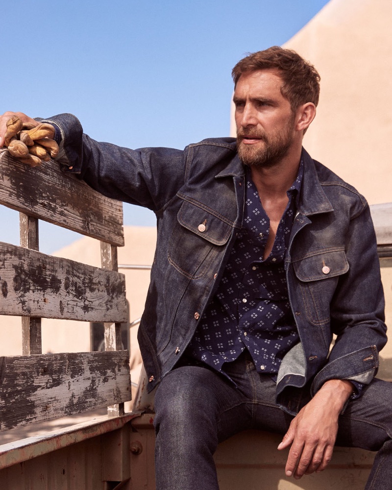 British model Will Chalker wears double denim in a spring 2023 look from Banana Republic, which includes the brand's Taos selvedge denim jacket and slim authentic selvedge jean.