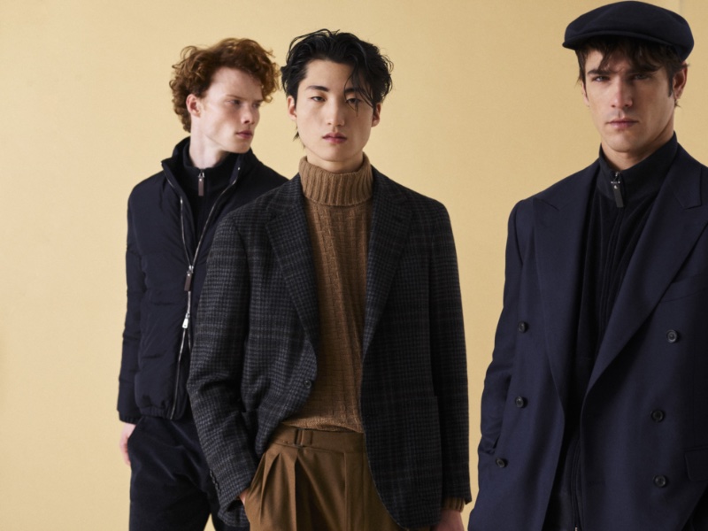 Gytis Gedvilas, Young Woong Kim, and Gregorio Crappa wear Canali fall-winter 2023 menswear.