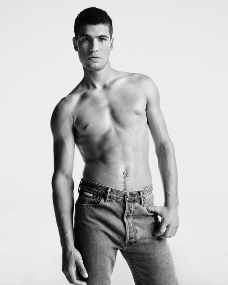 Carlos Alcaraz goes shirtless in a pair of Standard Straight jeans from Calvin Klein for the brand's Calvins or Nothing campaign.