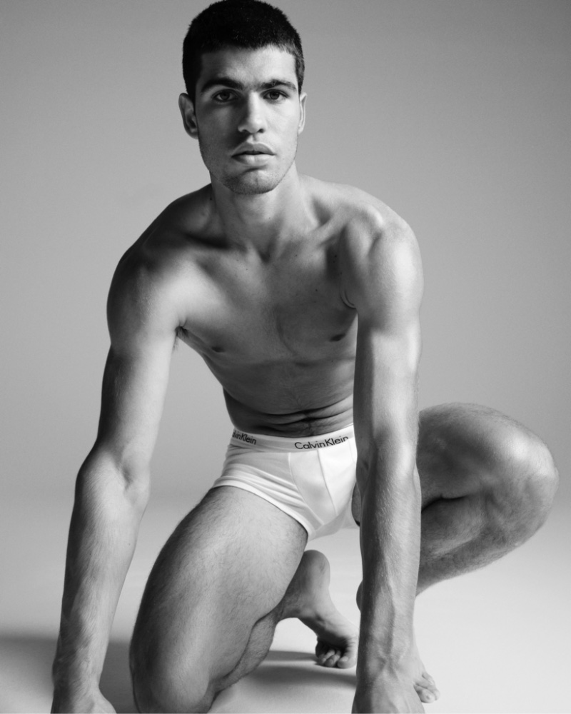 Tennis player Carlos Alcaraz wears Modern Cotton Low Rise Trunk underwear for Calvin Klein's new Calvins or Nothing campaign. 