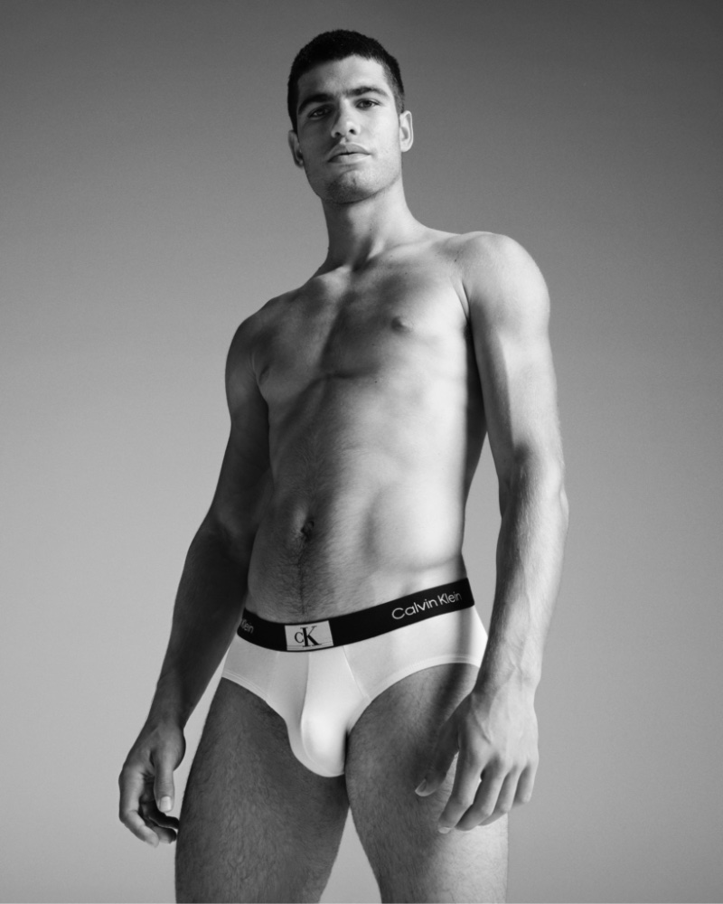 In front and center, Carlos Alcaraz rocks the new Calvin Klein 1996 brief for Calvin Klein's Calvins or Nothing campaign. 