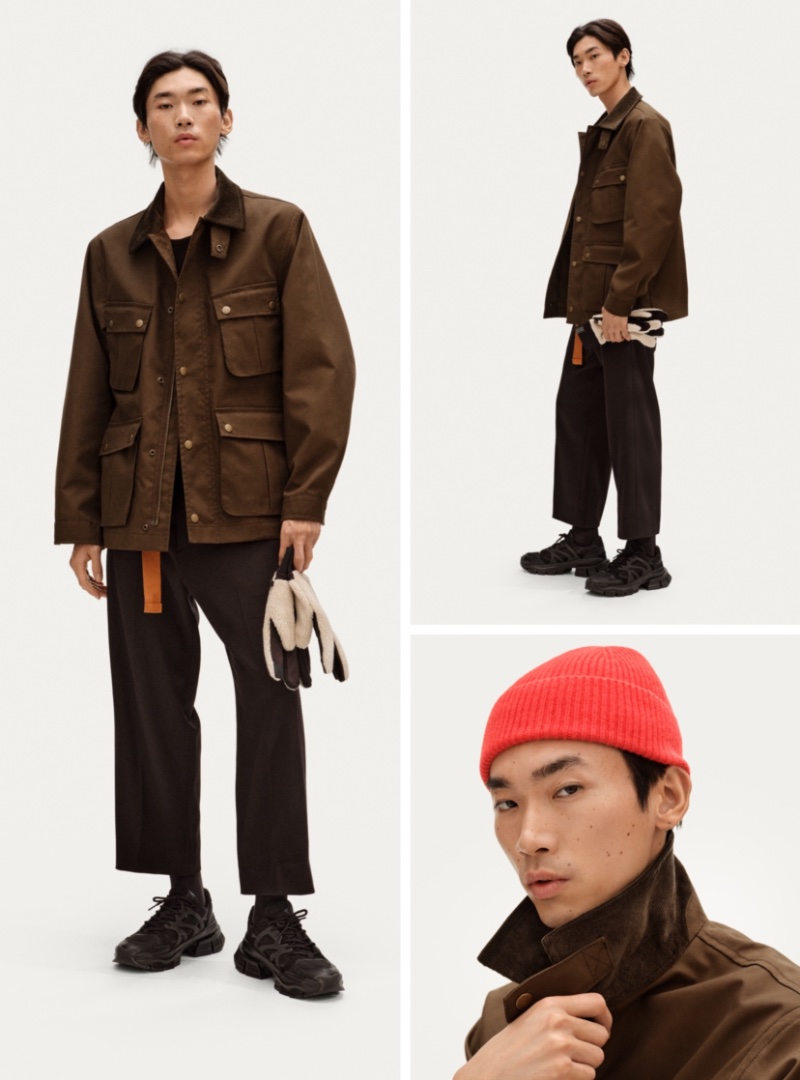 Japanese model Hidetatsu Takeuchi inspires in modern proportions for a casual winter look. 