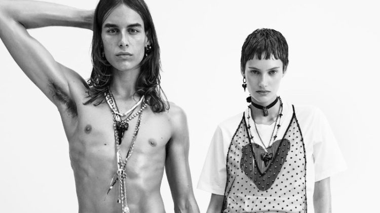 A shirtless Fernando Casablancas poses alongside Greta Hofer for Dsquared2's spring-summer 2023 campaign.