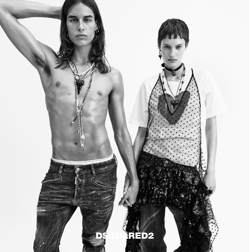 A shirtless Fernando Casablancas poses alongside Greta Hofer for Dsquared2's spring-summer 2023 campaign.