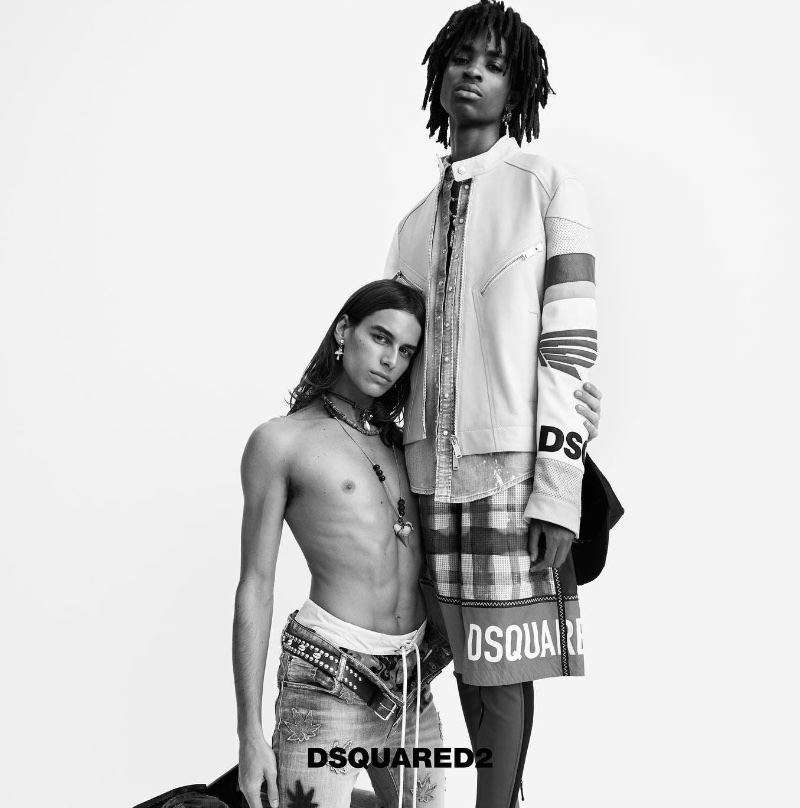 Models Fernando Casablancas and Javon Cobbs share the spotlight for Dsquared2's spring-summer 2023 men's campaign. 