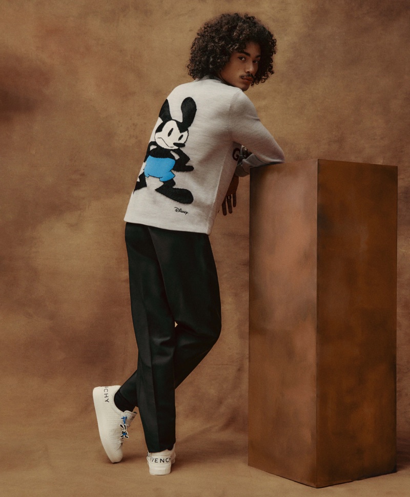 Model Lucian Príeto-Sánchez wears a wool sweater from the Givenchy x Disney collection.