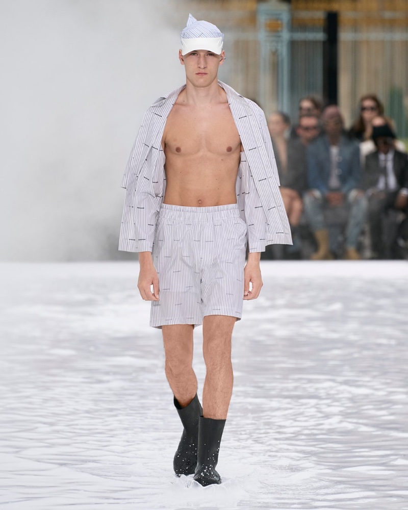 Givenchy sends a relaxed pajama-inspired number down the catwalk for spring-summer 2023. 