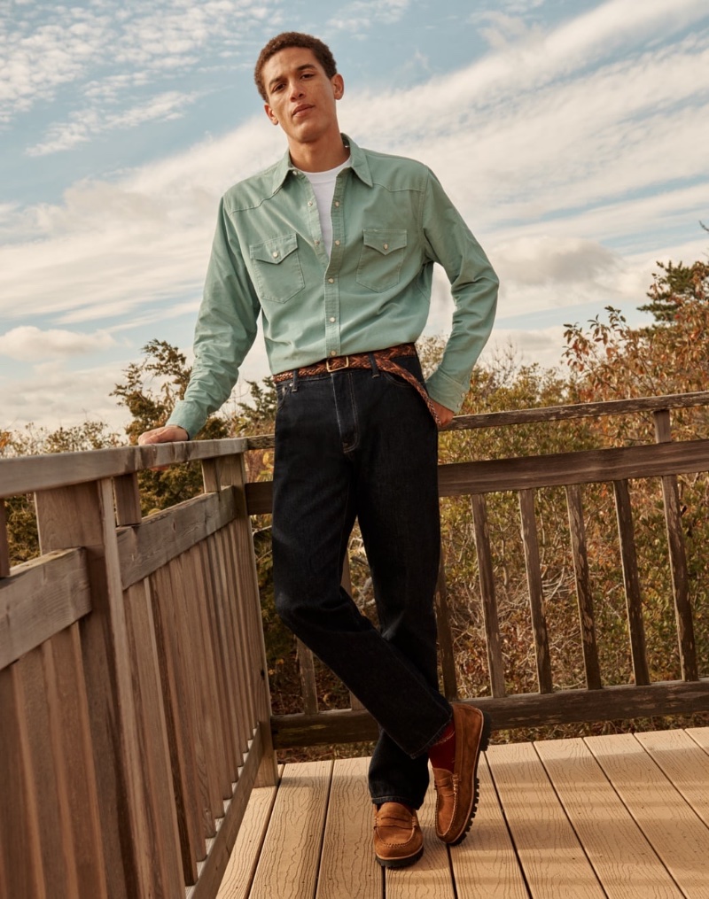 In front and center, Marco Pickett rocks a J.Crew western shirt in corduroy with classic relaxed-fit jeans and Camden lug-sole loafers. 