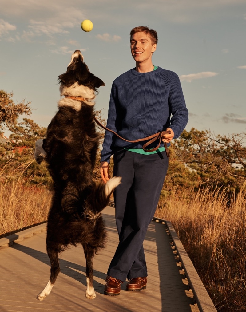 Relaxed silhouettes dominate the season with J.Crew essentials like its heritage cotton shaker-stitch sweater and giant-fit chinos. 
