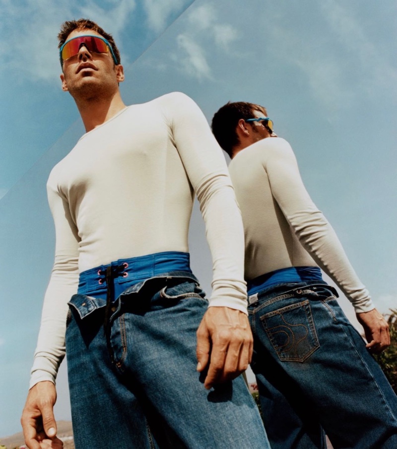 Jon Kortajarena Dust Magazine 2023 005 Jon Kortajarena Board Shorts Wraparound Sunglasses Dust Magazine 2023