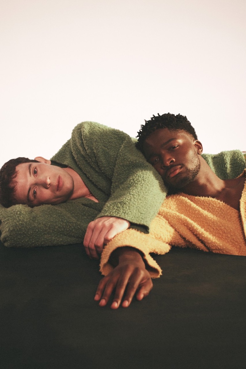 Actors Josh O'Connor and Stéphane Bak sport knitwear for LOEWE's spring-summer 2023  campaign. 