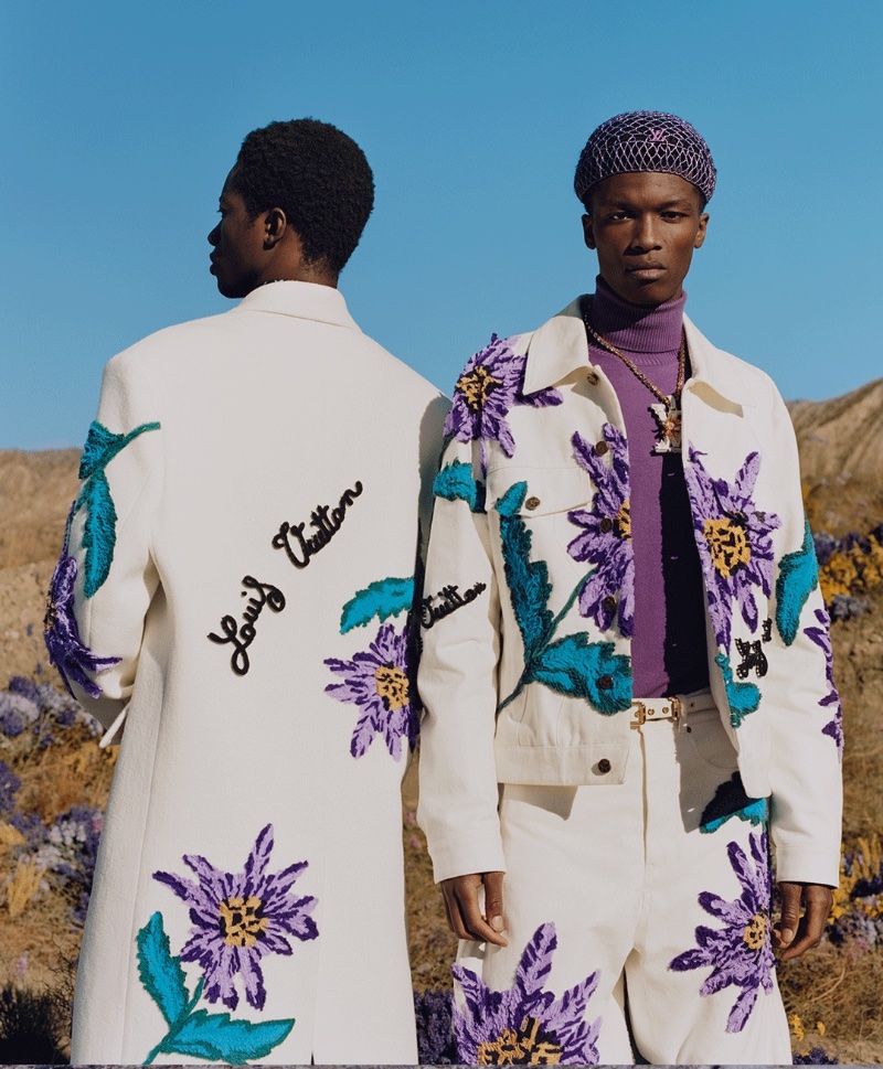 Model Sanoussy Sylla wears a floral look for Louis Vuitton's spring 2023 men's campaign. » Louis Vuitton Jets to Spain for Spring Campaign Model Sanoussy Sylla wears a floral look for Louis Vuitton's spring 2023 men's campaign.