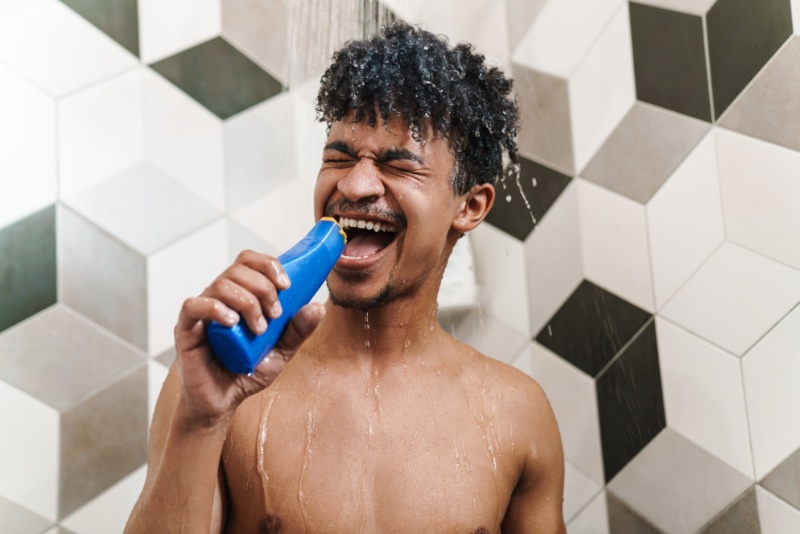 Man Curly Hair Singing Shampoo Bottle Shower