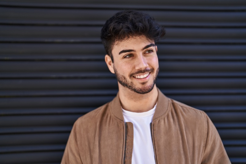 Man Smiling Closeup Bomber Jacket Brown Man Smiling Closeup Bomber Jacket Brown