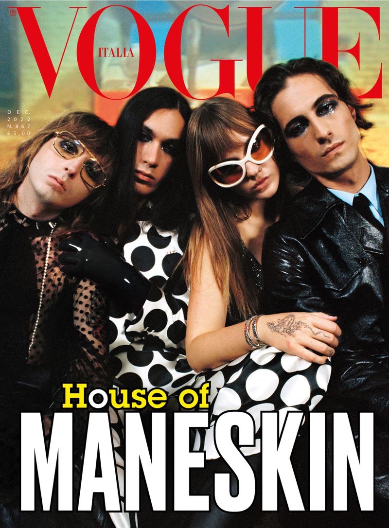 Måneskin covers the December 2022 issue of Vogue Italia in Gucci. 