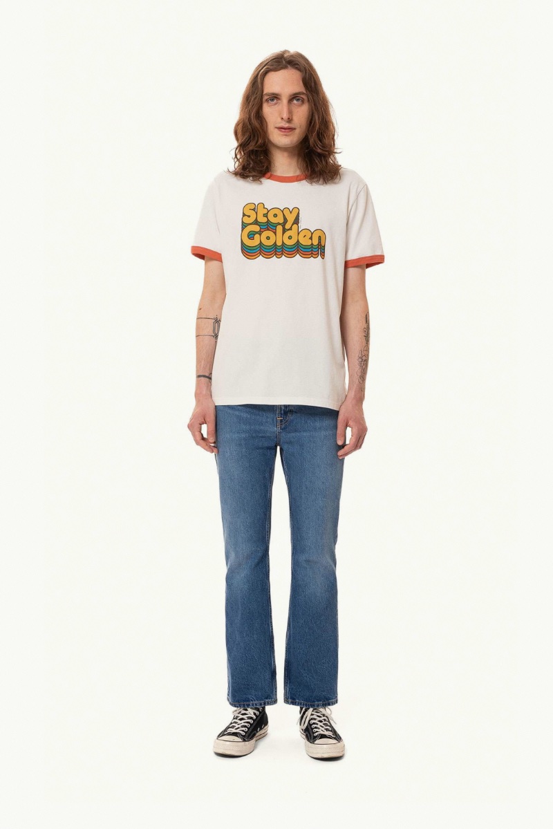 Embrace retro style with Nudie Jeans' Ricky Stay Golden Chalk White ringer tee and Hazy Hank Nostalgic Blue jeans. 