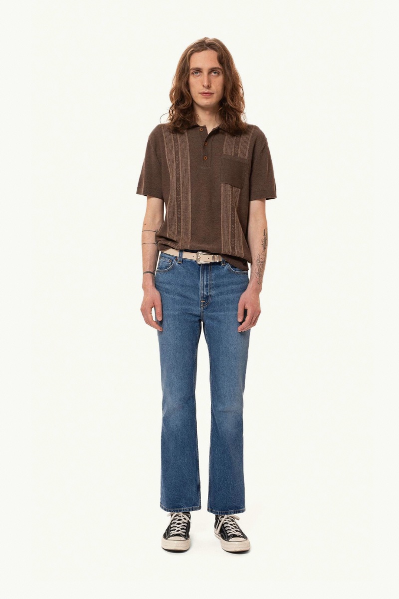 Reflecting the popular brown shades of seventies style, Nudie Jeans offers a knit polo shirt alongside its Hazy Hank Nostalgic Blue bootcut slim-fit jeans. 