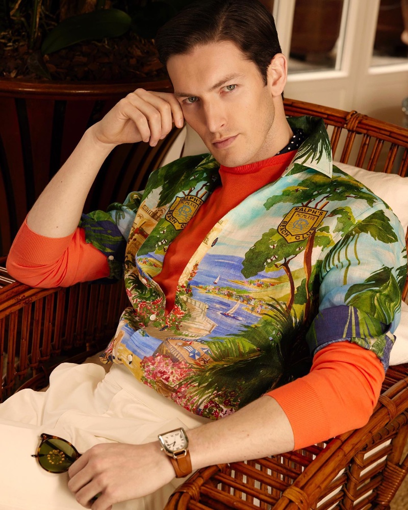 Oli Lacey dons a capri-print shirt from the Ralph Lauren Purple Label resort 2023 collection. 