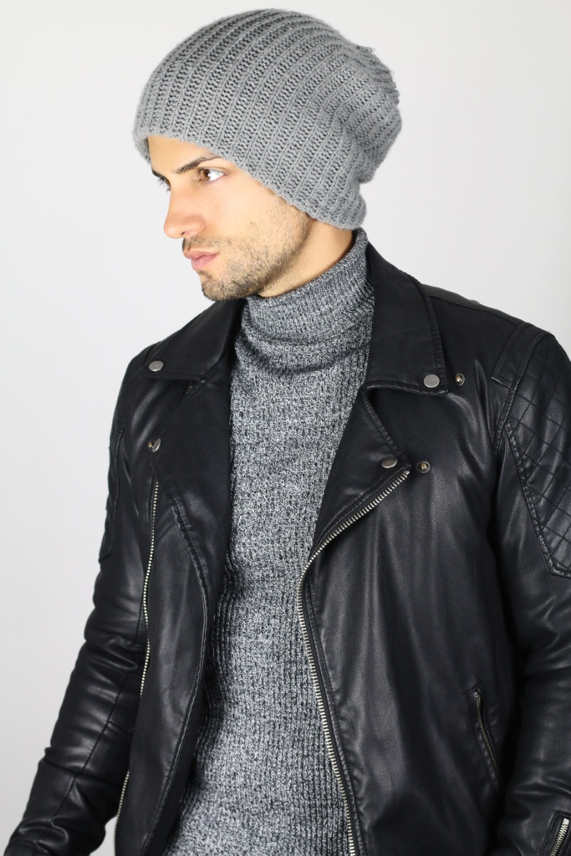 Slouchy Beanie Men Leather Jacket