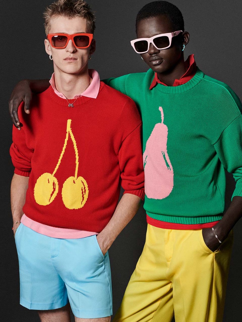 Models Vasko Luyckx and Manyuon Deng rock bright colored fashions for Benetton's spring-summer 2023 campaign. 