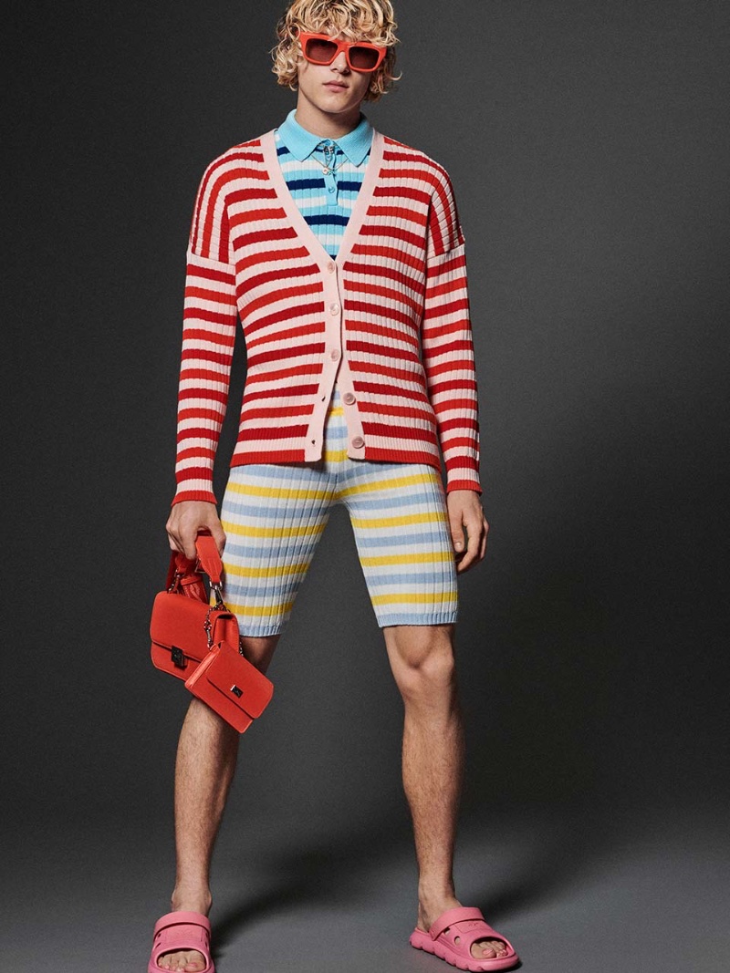 Layering in striped fashions, Daniil Kercz stars in Benetton's spring-summer 2023 campaign.
